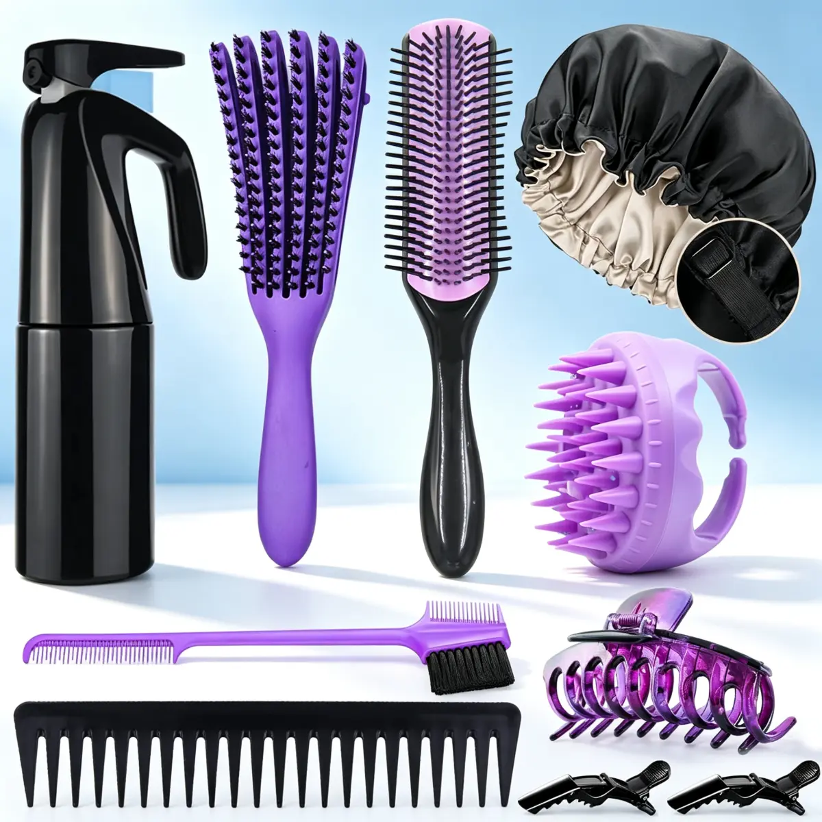 10Pcs Polypropylene Natural Hair Detangling Brush Set with Adjustable Bonnet - For Afro Kinky, 3/4abc Curly Hair, Conditioning Support, Faster Wash Day Detangling, 3/4Abc Hair