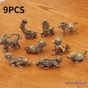 HavenThread 9‑Piece Vintage Brass Nine Sons of Dragon Figurine Set, Viral Trending No‑Power Decorative Ornaments, Premium Collectible Home & Office Tabletop Decor, Ideal Birthday Holiday Souvenir Gift for Room Styling & Oriental Cultural Decoration