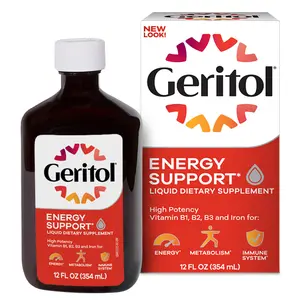 (A)Geritol Liquid Vitamin and Iron Supplement, Energy Support Formula with High Potency B-Vitamins and Iron, Pleasant Tasting, Easy to Swallow, Non-GMO, No Artificial Sweeteners, 12 oz