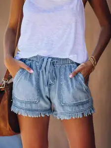 Women's High-Waisted Denim Shorts, Light Wash, Comfortable Slim-Fit Casual Wear, Stylish Light Blue Straight Leg Jeans, Perfect for Everyday Use, Bohemian Casual Shorts