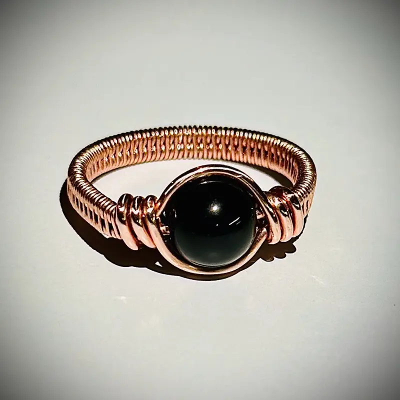 Copper and Black Onyx Wire Wrapped Ring with Black Stone, Elegant Design, Copper Finish