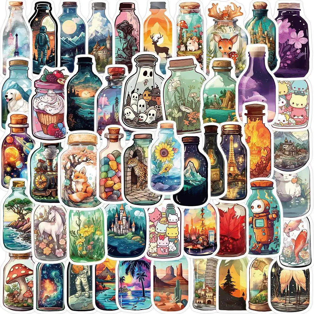 Cartoon Wishing Bottle Stickers, 50pcs Waterproof Stickers, Creative Decoration Supplies For DIY, Crafts