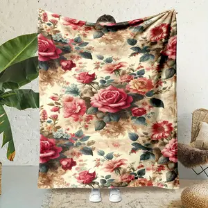 Vintage Rose Floral Pattern Flannel Throw Blanket - Digital Print, Non-Woven Polyester, All Seasons Reversible, Soft And High Quality, No Piling Or Shedding, 200-250 Gsm - Ideal For Nap, Office, Home, Gift