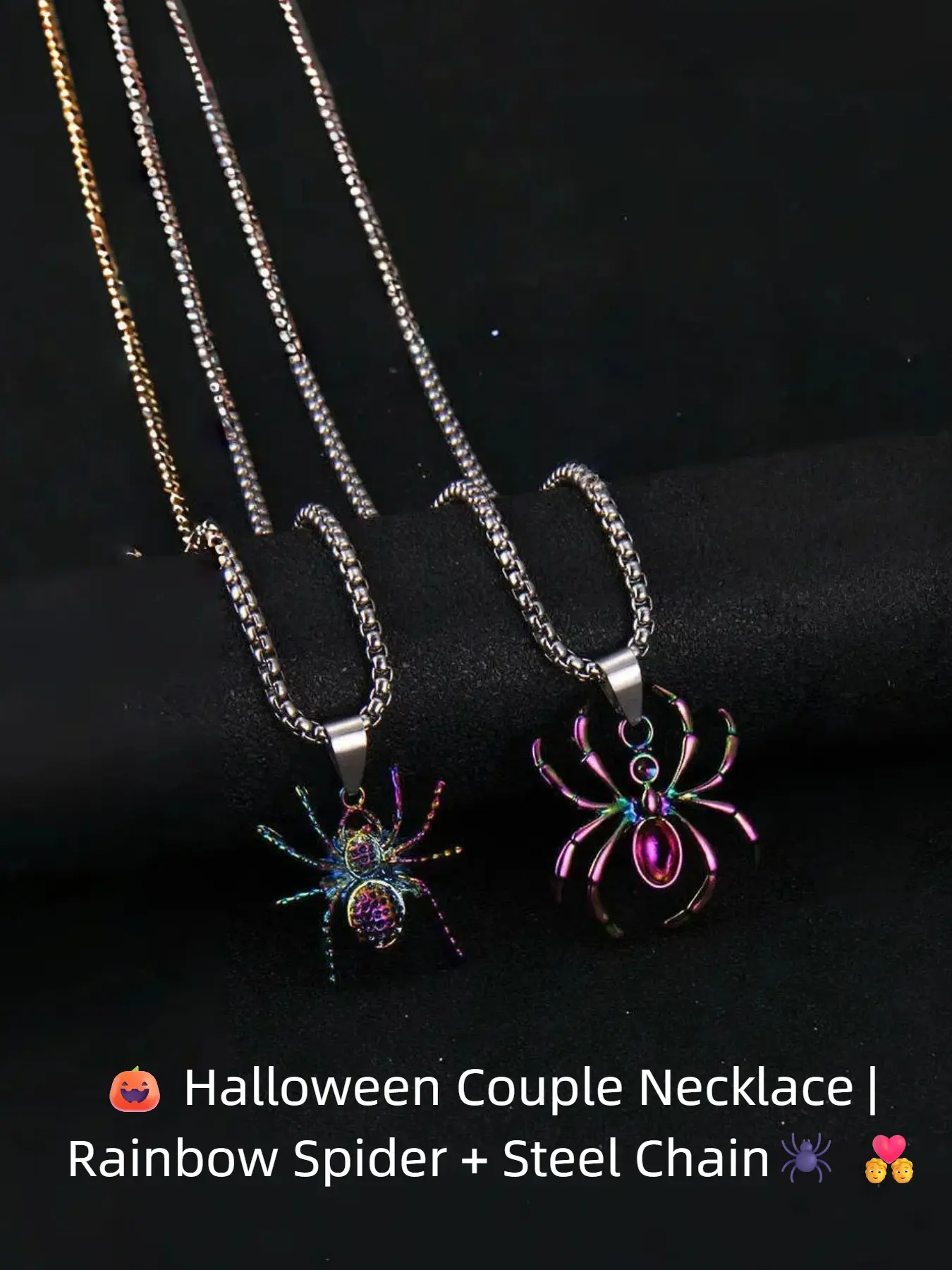 Halloween Couple Necklace Set - Rainbow Spider Pendant Stainless Steel Chain Gothic Jewelry for Couples