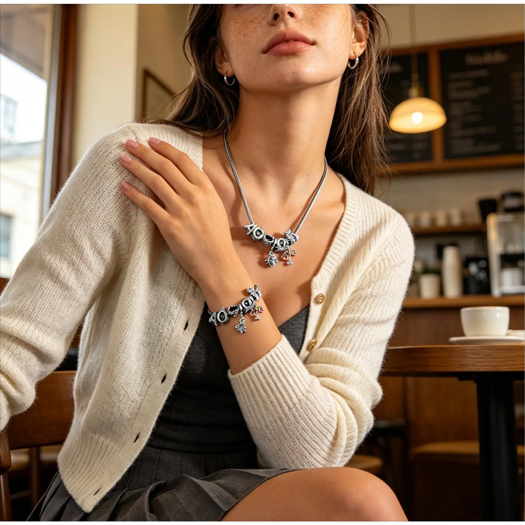 Unique Bear Themed Jewelry Set | Delicate Zircon Heart Letter Pendant Necklace & Matching Bracelet for Her