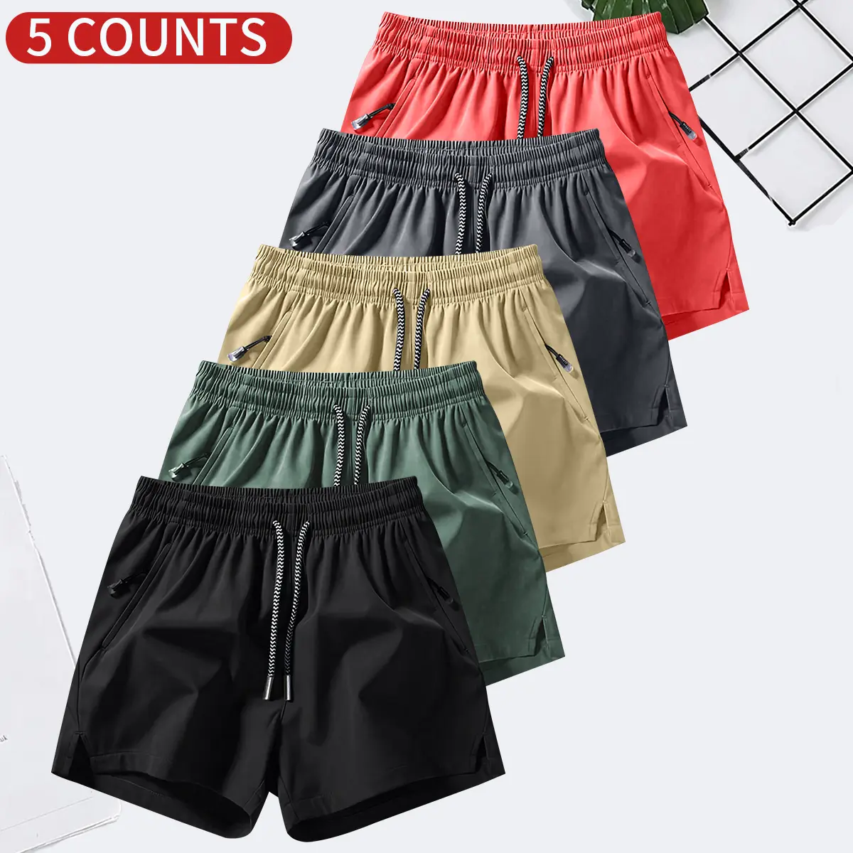 Men's Solid Color Casual Shorts Five-Piece Set, With Zipper Pockets, Summer Fashion Drawstring Sports Shorts, Suitable For Gym And Outdoor Wear Men's Solid Color Casual Shorts Five-Piece Set, With Zipper Pockets, Summer Fashion Drawstring Sports Shorts, Suitable For Gym And Outdoor Wear