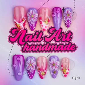 Almond Shape 10pcs Y2K Press-On Nails, Handmade Press Ons, Summer handmade nails, 4 sizes (XS/S/M/L), Features purple carved flowers, gradient, French design, Nail carving, Perfect for family dinners, dates & parties — best gift for her!
