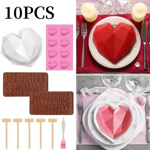 Diamond Heart Mousse Cake Mold Trays, Heart Shaped Chocolate Mold, Silicone Chocolate Dessert Baking Pan with 5 Pieces Wooden Hammers, Number Letter Molds and Brush