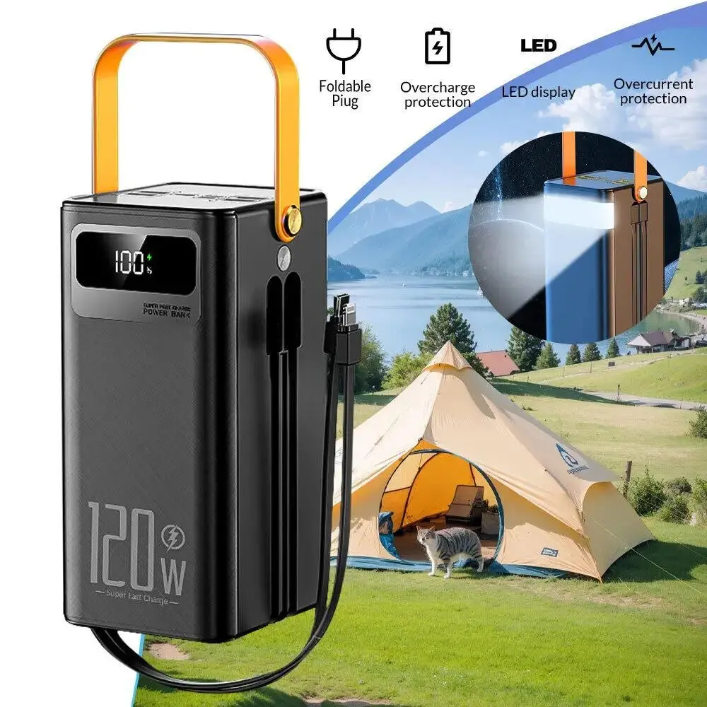 Camping Power Bank 70000mAh Compact Battery Power Bank - 4 USB Outputs, Dual Input, Advanced Smart Display, Fast-Charging Portable Emergency Charger with LED Light & Mini Fans for Mobile Phones, Travel (Lighting Accessories)