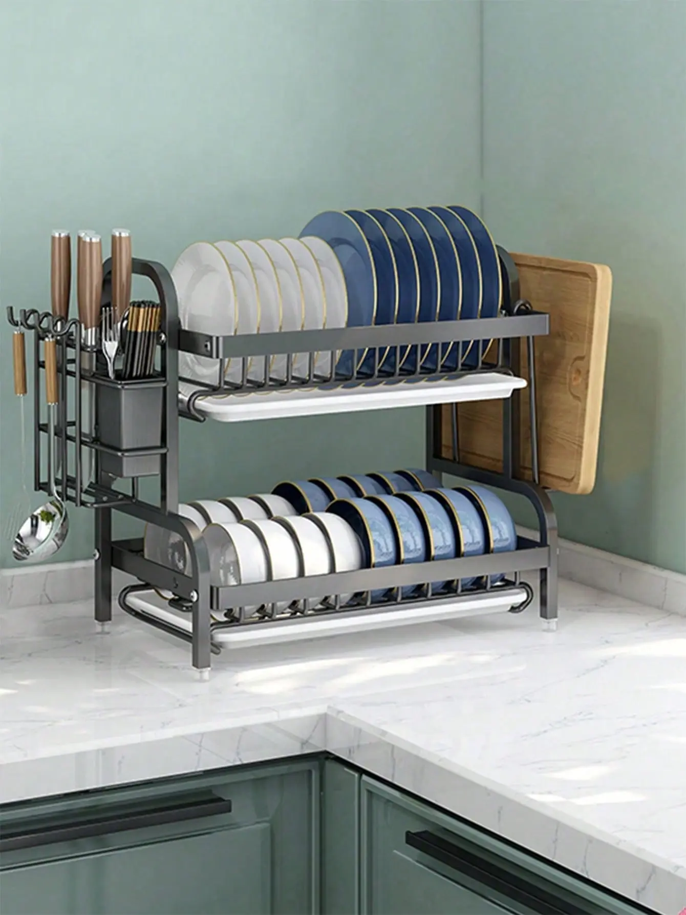 Minimalist Farmhouse 2-Tier Black Metal Dish Drying Organiser, Kitchen Counter Space-Saving Rack with Drain Tray and Drainage Channel