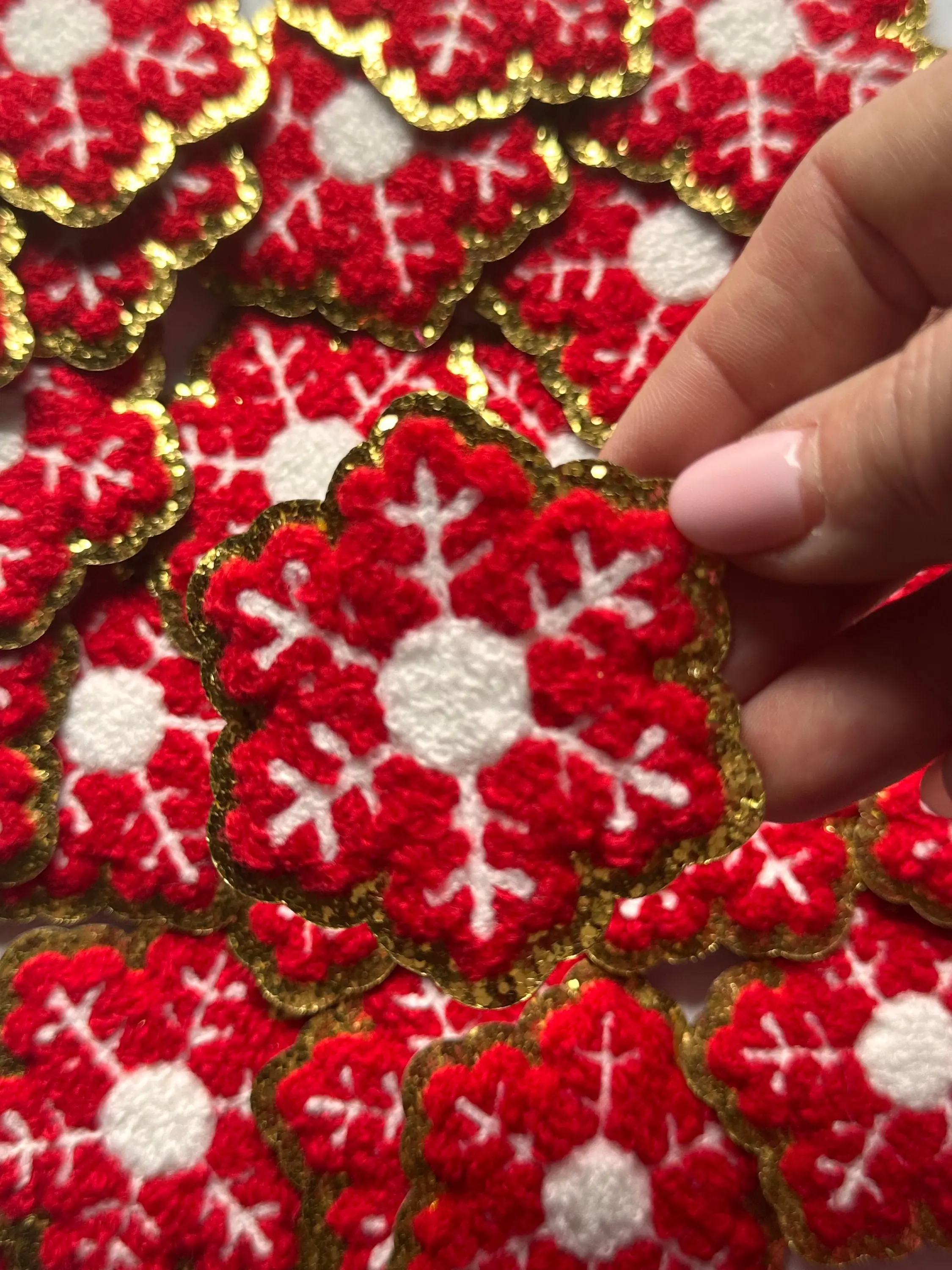 Red Snowflake Patch, Chenille Iron on patch, Glitter border patch, Iron On patch, Hat Patch, Christmas patch, snowflake patches