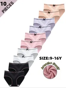 10 Pack Cute Bowknot Girls Breathable Comfort Triangle Underwear, Casual Teenage Student Undies, All Seasons Wear, Plain Style, Youth Underwear