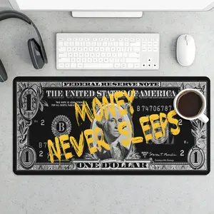 Large XXL US Dollar Bill Design Mouse Pad with Federal Reserve Note Print and Inspirational Money Never Sleeps Text for Motivation