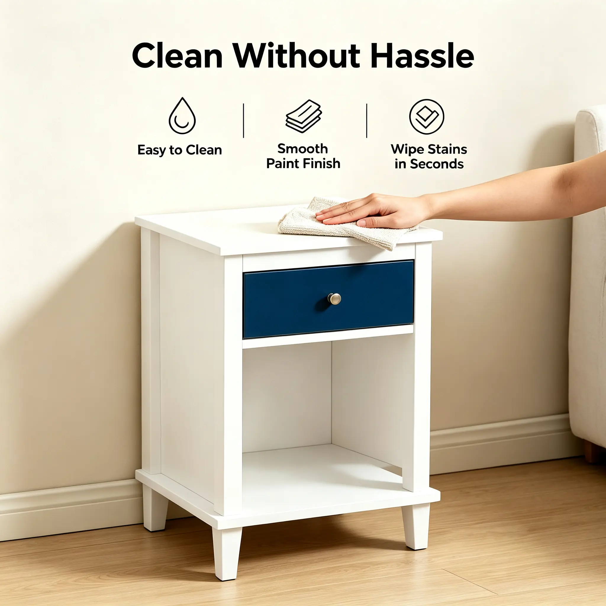 White-Gray MDF Wooden Bedroom Bedside Table - 26.77in H, 1 Drawer, 1 Shelf, Gray-Silver Handle, Kids' Indoor Furniture