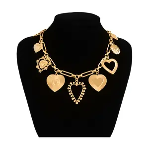 1-3* Vintage Heart Charm Necklaces for Women Matte Gold Charm Necklace Chunky Link Chain Necklace Fashion Gold Heart Necklaces Retro Geometric Heart Pendant Necklace Adjustable Length Neckchain for Women