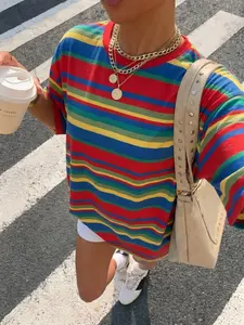 Rainbow Striped Oversized T Shirt Women, Y2K Vintage Multicolor Color Block Short Sleeve Top, Loose Fit Casual Streetwear Tee, Trendy Retro Summer Outfit for Vacation Daily Commute #springsaledeals2026 #summeroutfits #tiktokshopmademebuyit