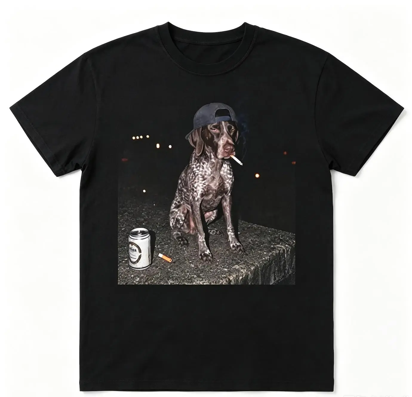 Women's Short-Sleeve Ribbed Flannel Crewneck T-Shirt - Print Graphic of Silly German Shorthaired Pointer Beer, Dog Smoking Meme - Sarcastic GSP Mom Gift, Vintage Pug Fyp Breathable Apparel, Casual, Cotton