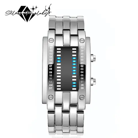 Men's Modern Fashionable Wristwatch - Male Casual Watch, Square Face, Blue LED Matrix Display Glows in Low Light, Backlit Read, Waterproof, Black Alloy Strap, Daily Wear