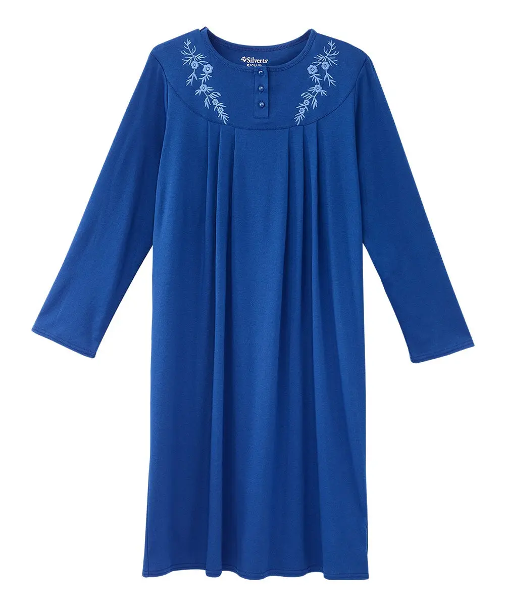 Women's No Peek Hospital & Home Care Long Sleeve Gown, Fabric, Nursing, Embroidered, Knit