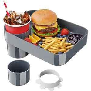Car Seat Cup Holder Snack Tray for Kids, Reduces Mess, Detachable Large Base & Adjustable Ring, Carseat Tray for Toddler, Car Seat Food Tray Table for Kids Travel Road Trip Essentials-Dark Gray