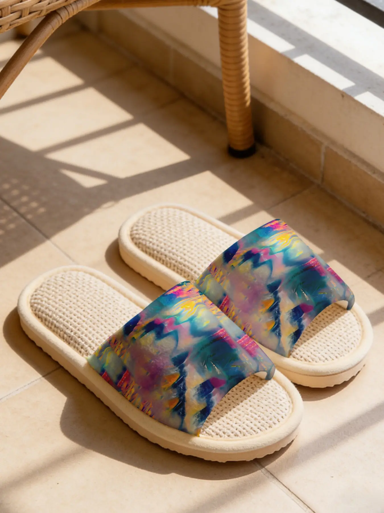 Iridescent Gradient Holographic Print Linen Slippers Cyber Trendy Style Cloud-Feel Linen Breathable Non-Slip Must-Have For Trend Lovers Home & Outdoor