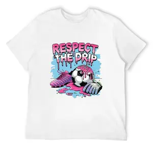 Men's Wool Crochet Elastic Breathable Casual Soccer T-Shirt - Pink & Blue Drip, White Round Neck, Short-Sleeve, Cool Streetwear "Respect The Drip" Quote, Fashion Joggers-Friendly Top