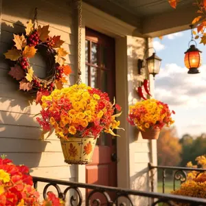 16-Piece Outdoor Fall Artificial Flowers Set - Realistic Autumn Thanksgiving & Halloween Decor with Vibrant Orange, Yellow, Red & Brown Leaves, Rustic Style - All-Weather Durable Faux Plants for Porch, Front Door, Walls, Fences Decorative Fruit Ornaments