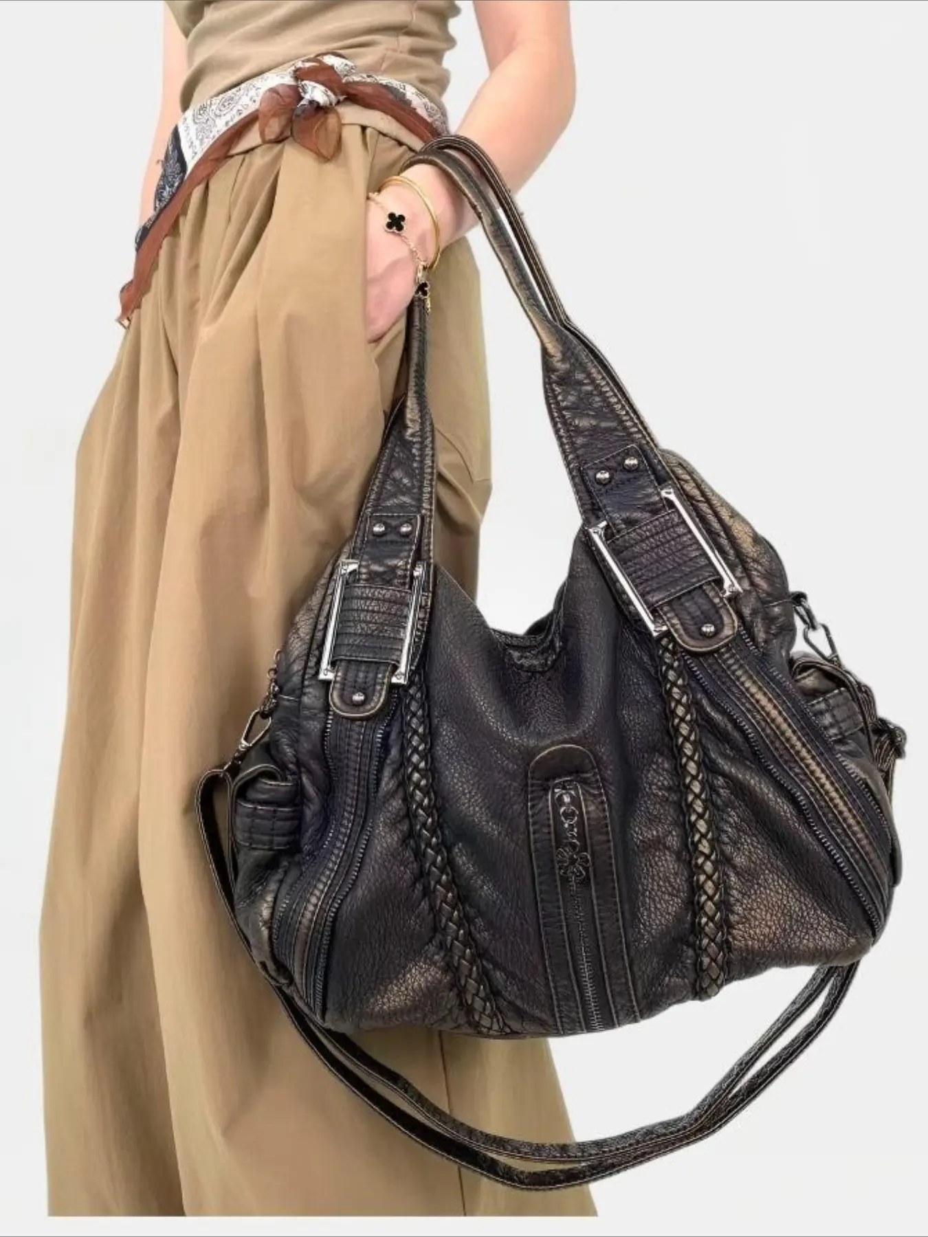 Ladies' retro vegan motorcycle tote bag, Hobo shoulder bag, washed multi pocket soft shoulder bag detachable shoulder strap large capacity street Y2K handbag, woven design, Trendy Crossbody Bag, Fashionable Crossbody Bag