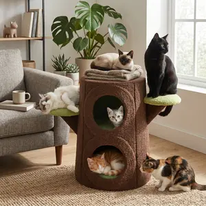 COMHOMA 2-Tier Bionic Tree Stump Cat Tree Tower & Cat Beds, Heavy-Duty Steel Frame Pet House Condo with Soft Teddy Velvet, Multipurpose Ottoman Stool for Humans & Pets, 450lbs Capacity Cat Furniture