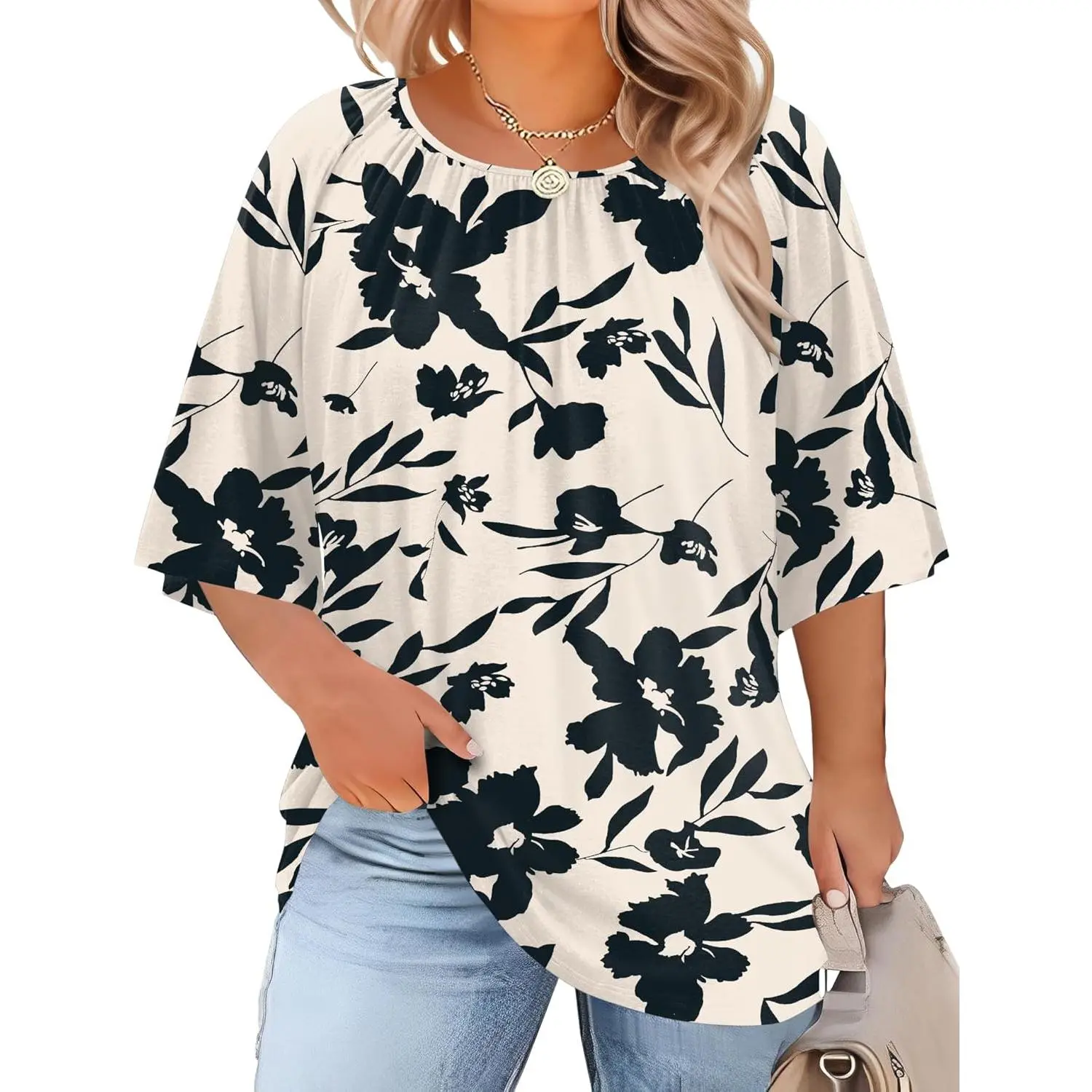 Women's Plus Size Round Neck Blouses - Summer 3/4-Sleeve, Apricot Black Floral Print, Dress Casual, Loosey Goosey Flowy Tunic Shirts, 1X-5X,clothes for back to school,first day of school outfits