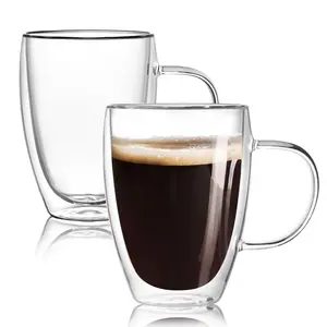 12 Oz Double Walled Glass Coffee Mugs with Handle,Insulated Layer Coffee Cups,Clear Borosilicate Glass Mugs, Gift for Cappuccino,Tea,Latte,Espresso,Hot Beverage Drink Drinkware 12Oz-2Pack