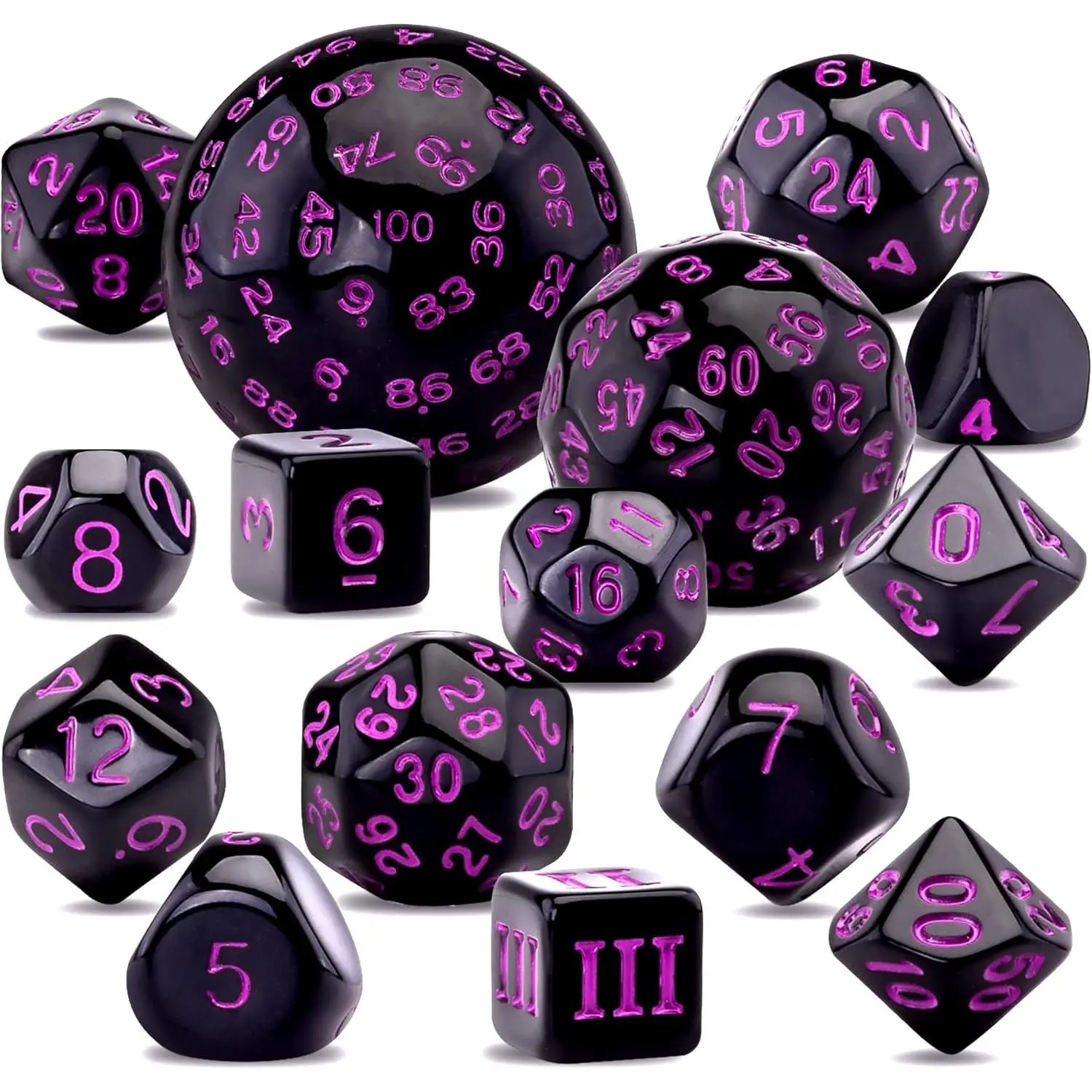15-Piece Acrylic Polyhedral Dice Set, Complete D3-D100 Collection in Black & Purple for Tabletop RPG and Mathematics, with Leather Storage Bag, Party Projects, Smooth, Table Games, 15 Pieces, Waterproof