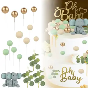 26 PCS Elephant Cake Decoration Pearl Balls Cake Eucalyptus Leaves Decoration Elephant Shower Cake Decoration Colorful Topper