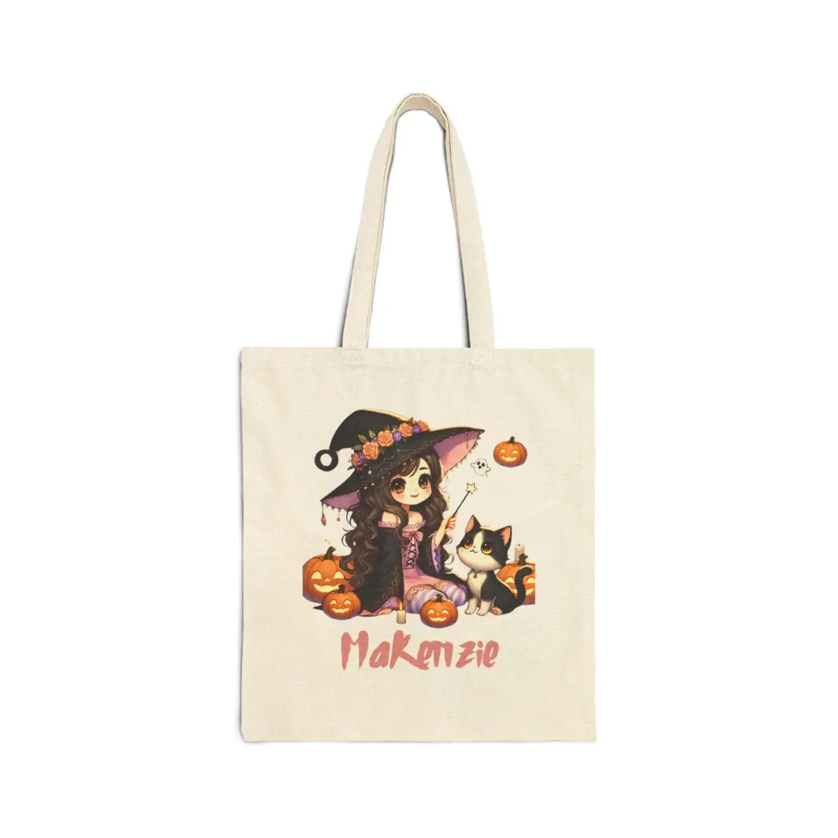 Personalized Witch and Cat Tote Bag - Custom Name Halloween Bag - Cotton Canvas Tote Bag floral trend
