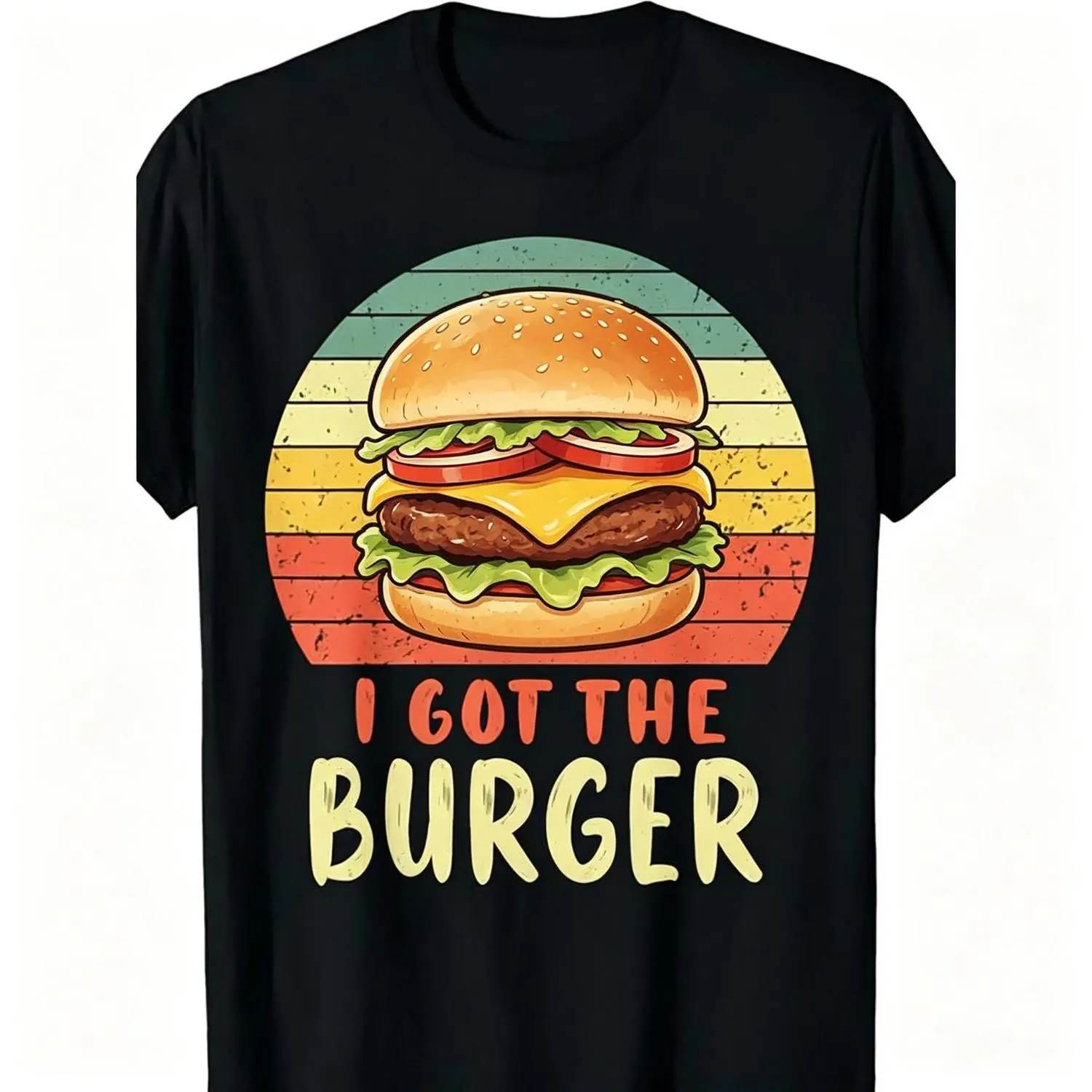 Burger Tee: Retro Cheeseburger T-Shirt, I Got The Burger Vintage Sunset Graphic Tee, Casual Black Short Sleeve Shirt for Fast Food Fans