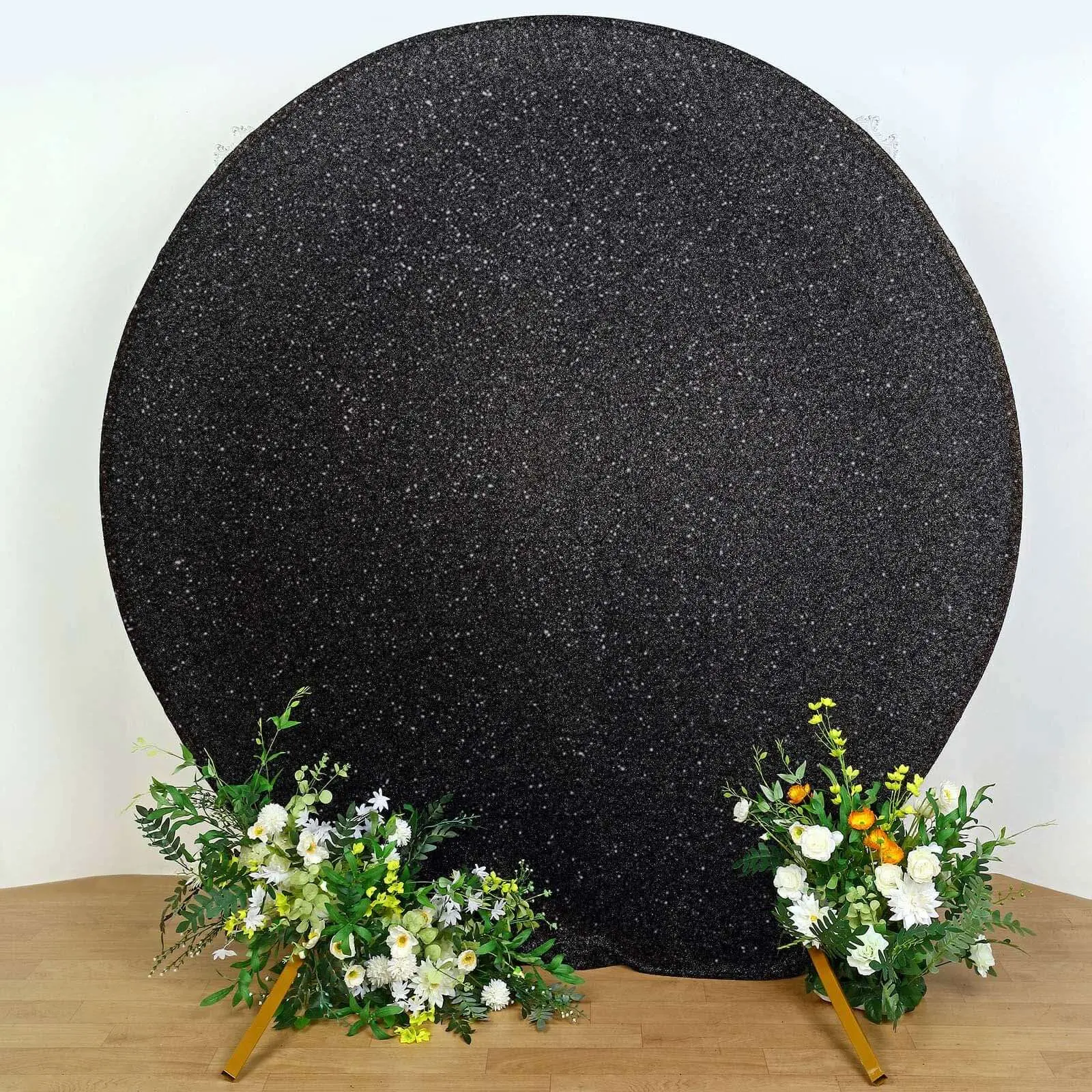 7.5ft Black Metallic Shimmer Tinsel Spandex Round Top Backdrop, 2-Sided Photo Cover for Wedding, Birthday Party, Party Decoration Supplies