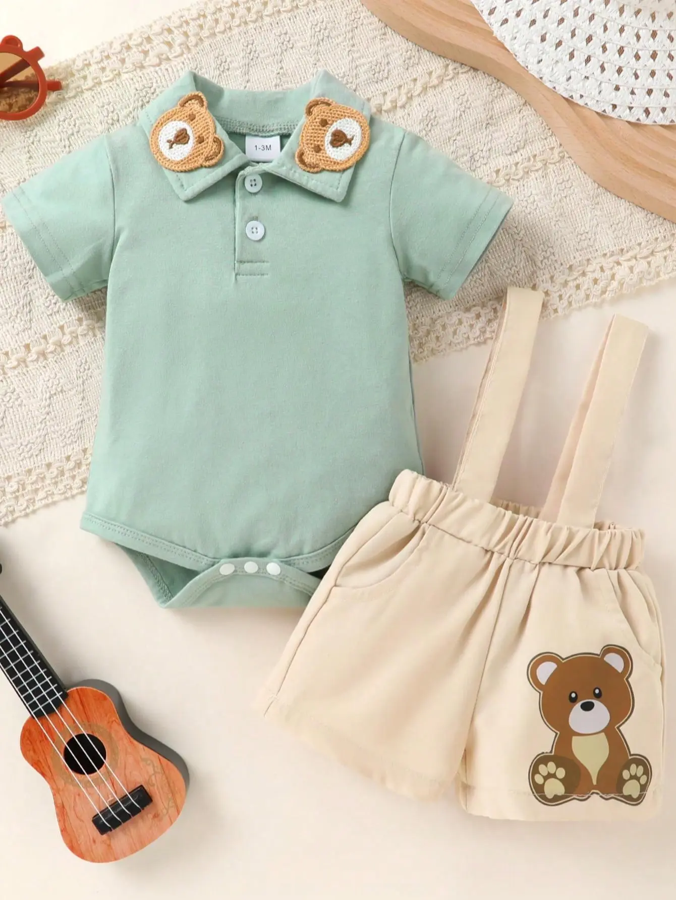 2pcs, Cute Baby Boy Clothes, Stylish, Soft, Comfortable, Cute Bear Embroidered Collared Polo Bodysuit And Simple, Versatile Overalls Shorts Set, Baby Stuff, Newborn Baby Boy Clothes, Summer For Everyday Wear, Outdoor Activities, Vacations, Parties