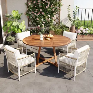 TOPMAX Modern 5-Piece Patio Extendable Wooden Dining Table Set, 12inch Butterfly Leaf Foldable Round Kitchen Table Set with 4 Rattan Arm Chairs for Backyard, Balcony, Garden, Poolside, Natural