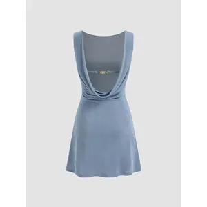 Cider Boat Neck Backless Chain Detail Ruched Mini Dress