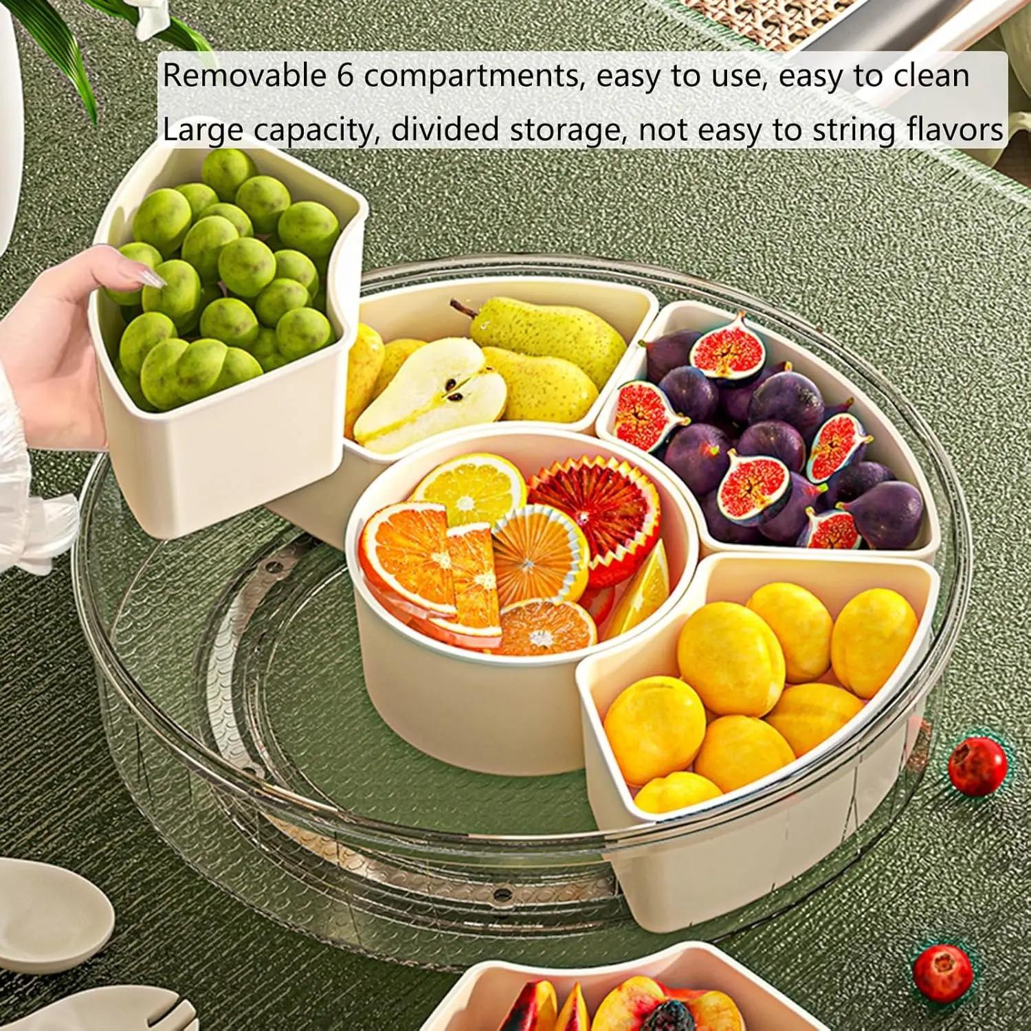 Divided Rotating Serving Tray with Lid & Handle, Portable Snackle Box BPA-Free Leakproof Reusable, Clear Snack Spinner Large Capacity for Fruits Snacks Veggie Charcuterie Nuts Candy, Ideal for Party Picnic Travel On-the-Go Home Kitchen