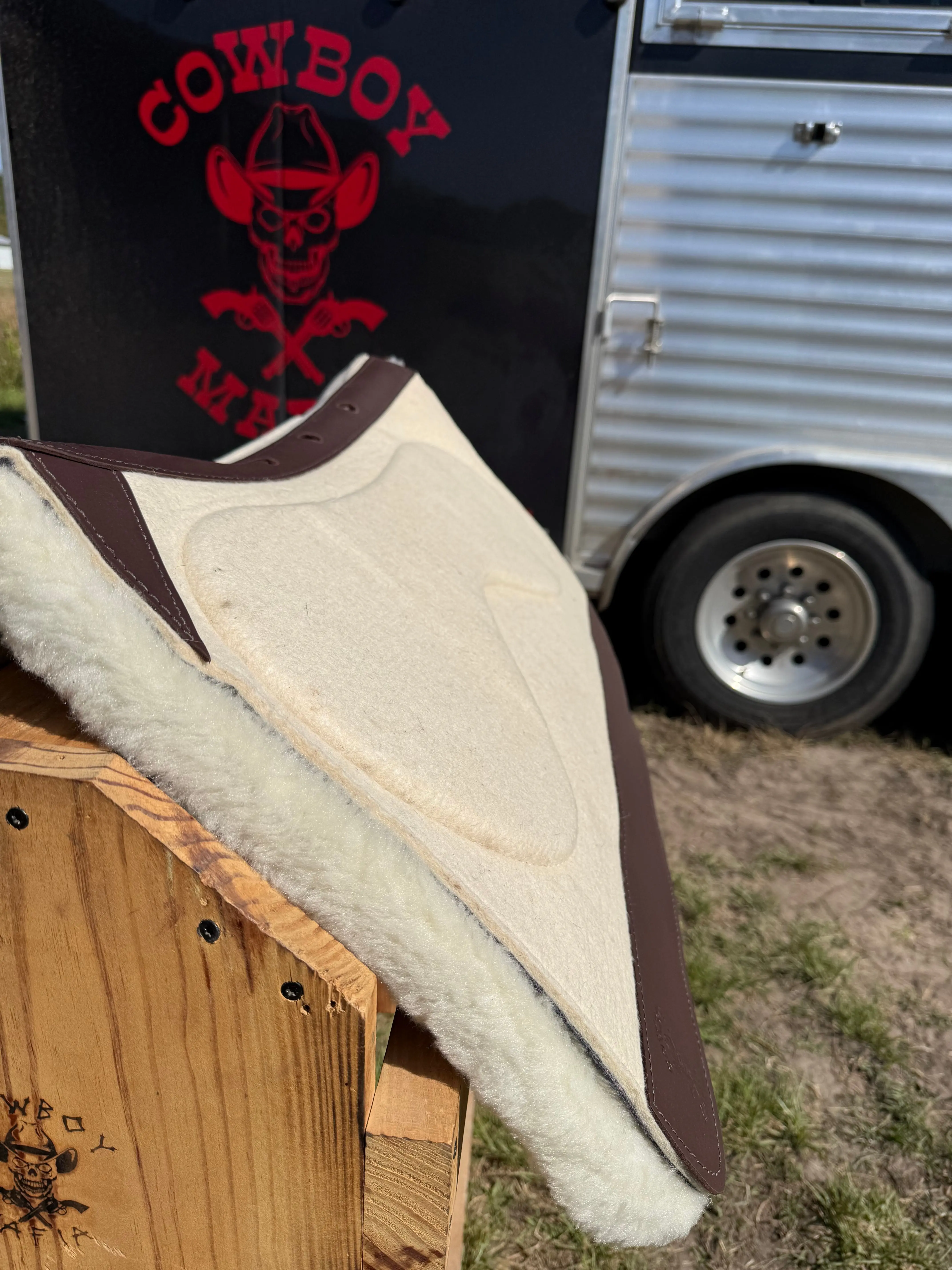 Impact Protection Saddle Pad Off White with Brown Leather and 3/4" Fleece