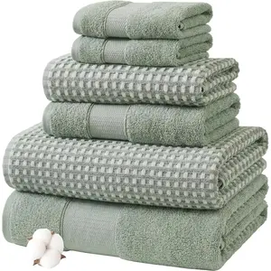 6 Piece Ultra Soft 600 GSM Cotton Waffle Bath Towel Set - Complete Bathroom Set with Hand Towels and Washcloths, Deep Sage
