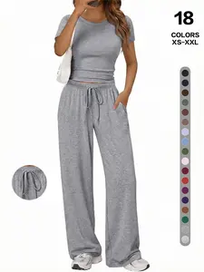 Women's 2 Piece Set Outfits Lounge Sets Ruched Short Sleeve Tops High Waisted Wide Leg Pants Tracksuit Sets