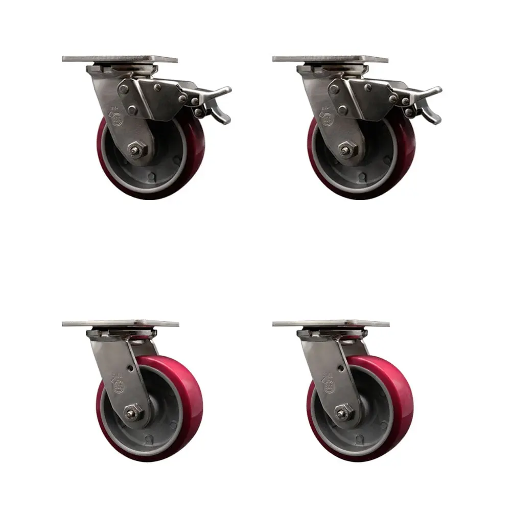 Service Caster SCC-SS316TTL30S520-PAB-2-S-2 316 Stainless Steel Anti-Rust Steel Castors, Heavy-Duty Swivel Polished Metal Bearing Castors with 5 in. Polyurethane-on-Aluminum Wheels - Set of 4, Commercial Equipment, 2 Total Lock Brakes, Anti-Rust Castors