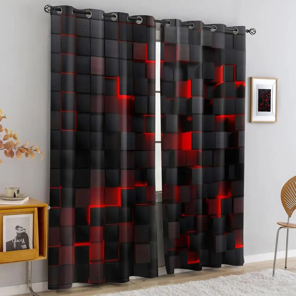 Futuristic 3D Dark Gray Cube Privacy Grommet Curtains, Eye-Catching Blackout Digital Print with Illuminated Red Accents, Perfect for Modern Living Rooms and Bedrooms, 2-Pack, Removable and Machine Washable Window Drapes, Blackout Window Cover