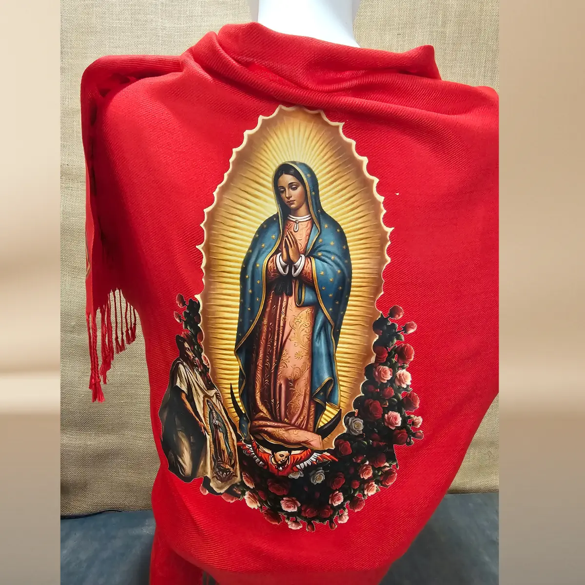 Women's Our Lady of Guadalupe & Juan Diego Red Satin Shawl - Rose Corner Print, Religious Motif, Sleek Satin, Statement, Traditional Wrap, Vibrant Style, Religious Motif Shawls, Sleek Satin Shawls