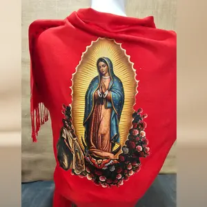 Women's Our Lady of Guadalupe & Juan Diego Red Satin Shawl - Rose Corner Print, Religious Motif, Sleek Satin, Statement, Traditional Wrap, Vibrant Style, Religious Motif Shawls, Sleek Satin Shawls