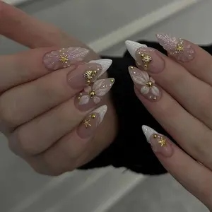 Medium Almond French Tip Press On Nails – 3D Embossed Flower, Seashell & Starfish Design Glossy Full Cover Acrylic Fake Nails