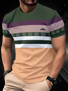 Men's 3D Print Striped Crew Neck T-Shirt, Breathable Polyester Knit, Moisture-Wicking Fabric, Casual & Party Wear