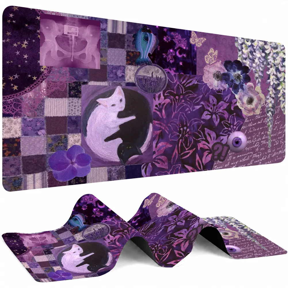 Purple Cute Cat Fabric Top Rectangular Computer Mouse Pad - Abstract Floral Collage Large Area Desk Mat, Specialty Kitchen Utensil, Work/Study Accessory